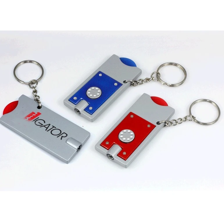 Promotional Plastic Led Trolley Euro Coin Holder  Key chain, Trolley Coin Keyring, Flashlight Supermarket Shopping Cart Keychain