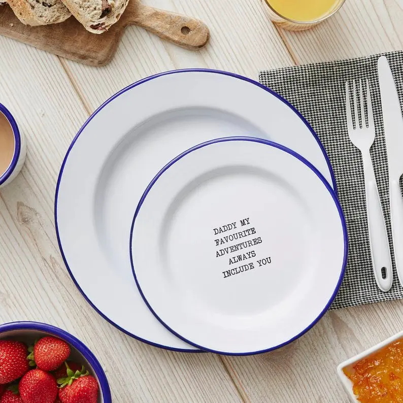 Best seller custom color vintage logo printing mild carbon steel sheet enamel dinner plate for wholesale