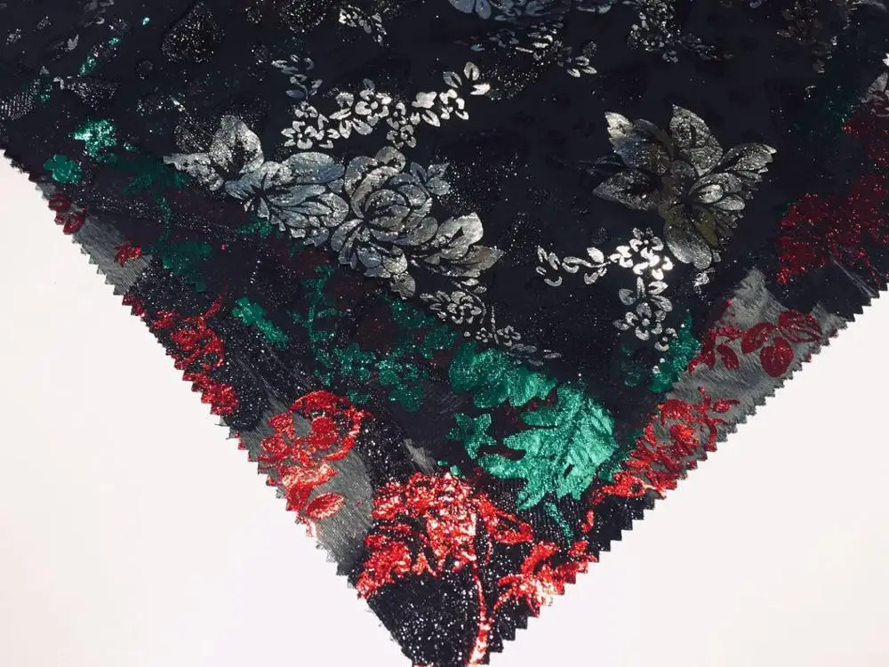 High  quality 100% polyester woven Lurex jacquard green color foil print chiffon fabric