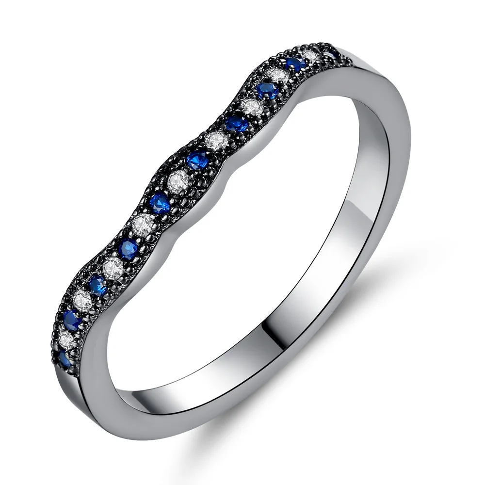 Women Copper Alloy Jewelry Fashion Latest Design Couple Crown Wave Black Gold Sapphire Personalized Love Zircon Ring For Unisex
