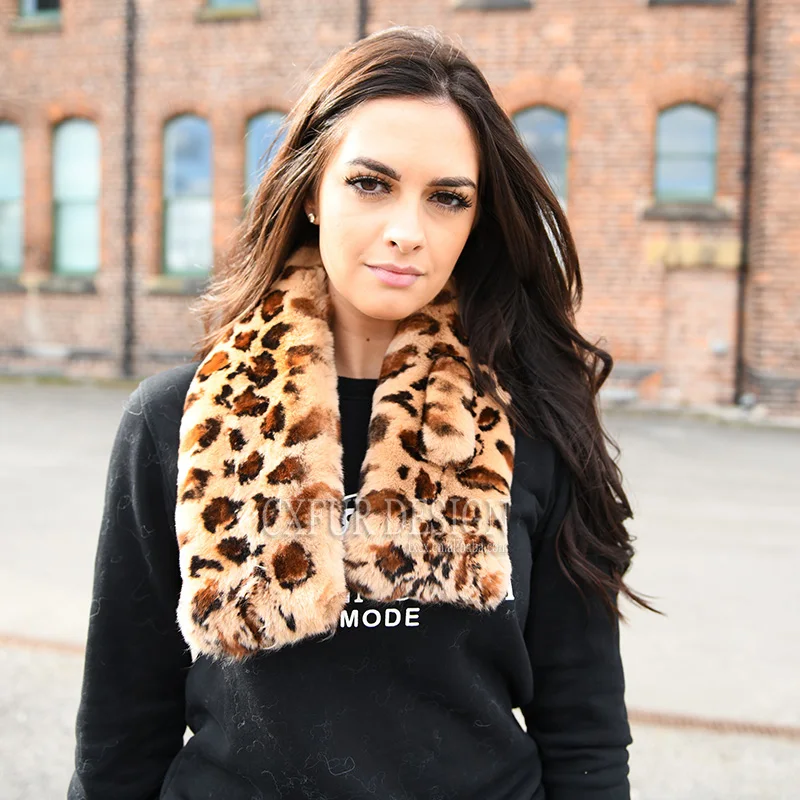 CX-S-09A Leopard Print Women Real Rex Rabbit Fur Scarf