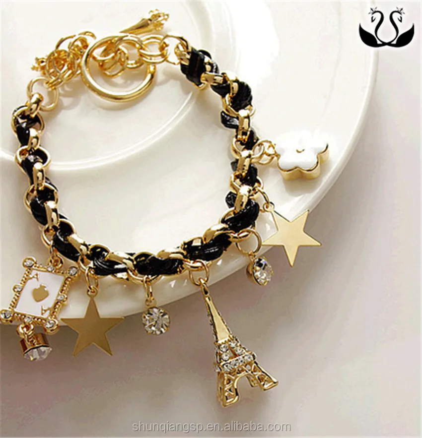 Korea New Style Fancy Women Star Poker Charm Leather Bracelet Jewelry