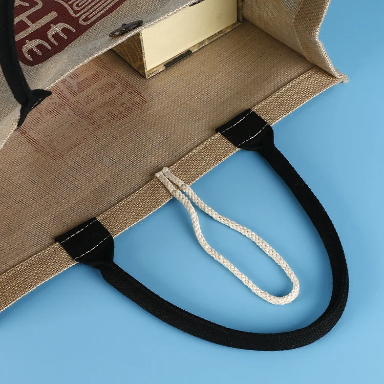 
Custom wholesale printed jute euro gift bag with black handles 