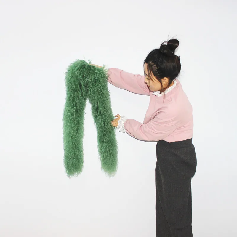 Real Green women leather scarf furry real mongolian fur scarf