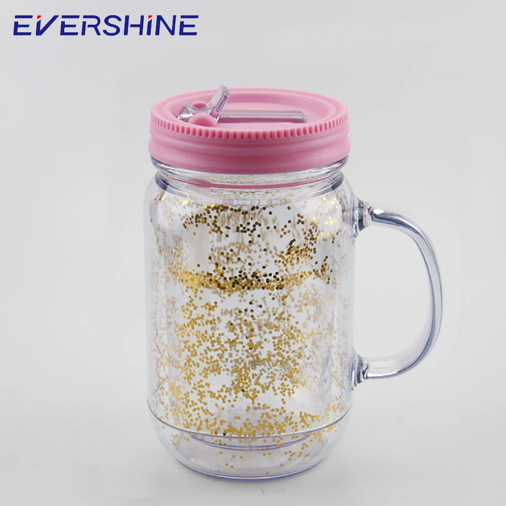 Ningbo wholesale 20oz colorful logo printing double wall drinking plastic mason jar with handle