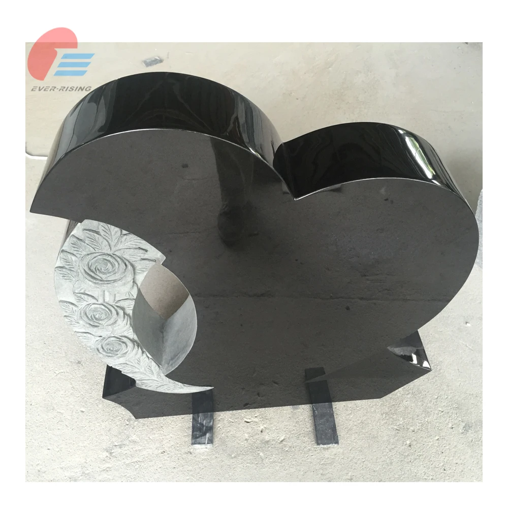 Black Granite Heart Shaped Headstone Rose Carving Monument