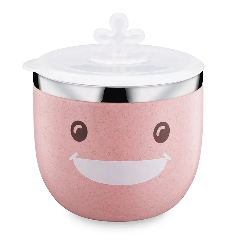 Double Wall Insulated Wheat Fiber&Stainless Steel 240ML Sippy Cup Cute Baby Cups With Silicone Lids