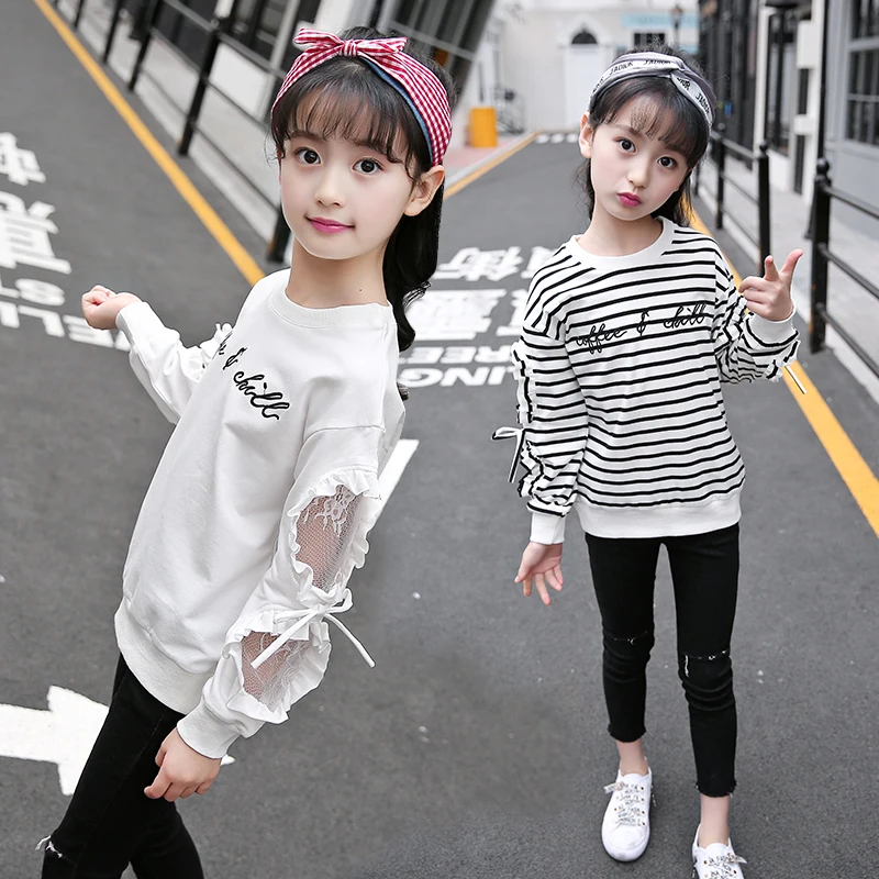 
Cotton Fabric Girls Boutique Long Sleeve T-shirt Embroidered Lace Kids Hoodies 