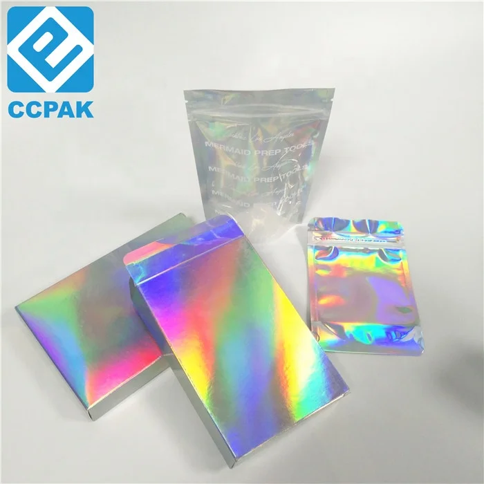 Eyelash/Nail Polish Packaging Hologram paper box Holographic Foil bags with Adhesive sticker
