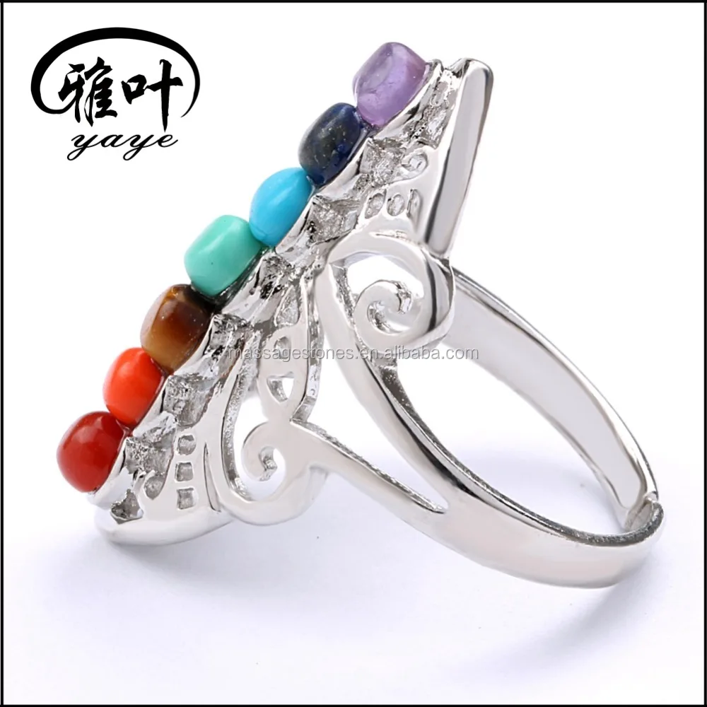 7 Color Chakra Stones Healing Silver Rings Lapis Lazuli/Yellow Tiger Eye/Red Jasper Carved Rings
