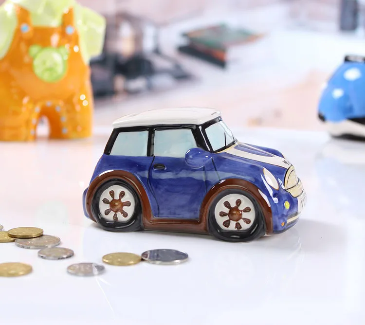 Ceramic car shape design with painting dolomite coin box ,Ceramic money box