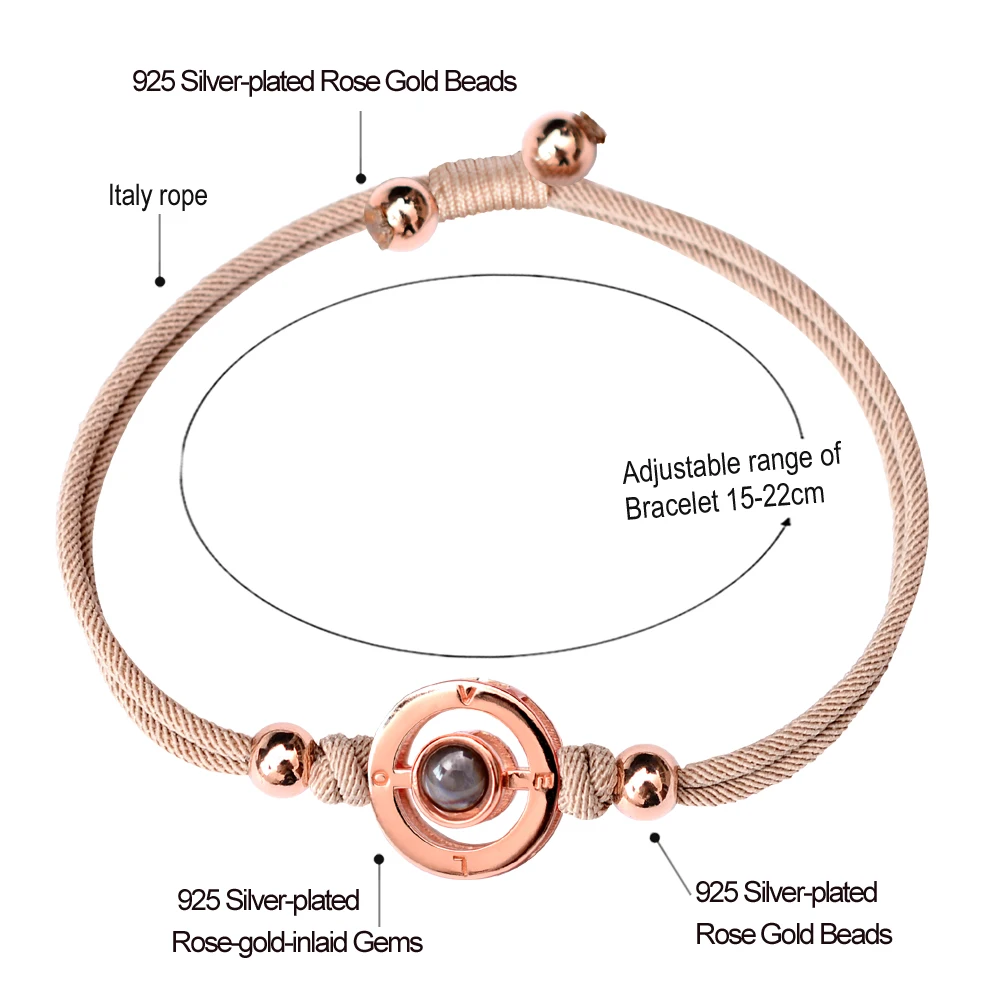 
LONGJIE factory direct wholesale 100 languages of I love you 925 silver bangle rose gold unisex couples handmade rope bracelet 