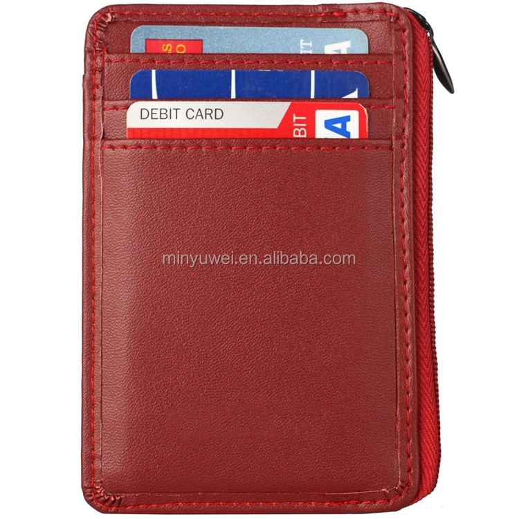RFID Blocking Sleeves Front Pocket Leather Wallet for Women and Men Mini Card Holder with Zipper and ID Window Genuine Leather