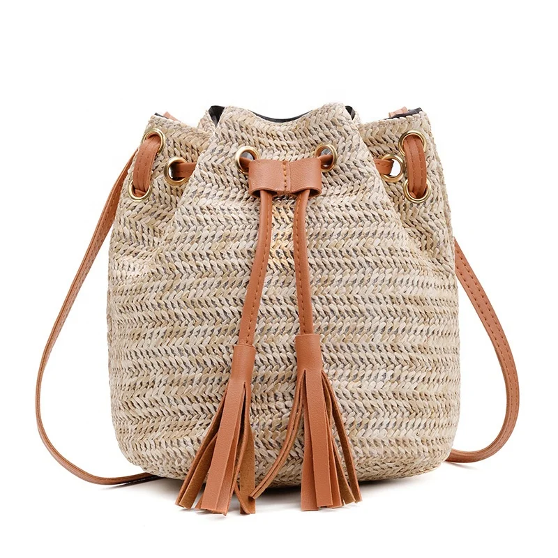 Girls crossbody shoulder bag summer beach bucket bags drawstring straw bag