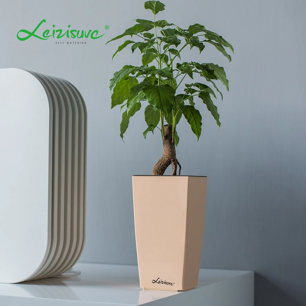 Leizisure Office Table Plastic Mini Small Tall Square Ceramic Trapezoid Self Watering Plant Pot
