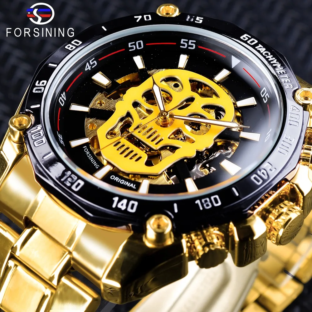 2022 Hot Sell Forsining Golden Wristwatches Skull Design Black Luminous Design Men Automatic Sport Watch Top Brand Luxury Clock