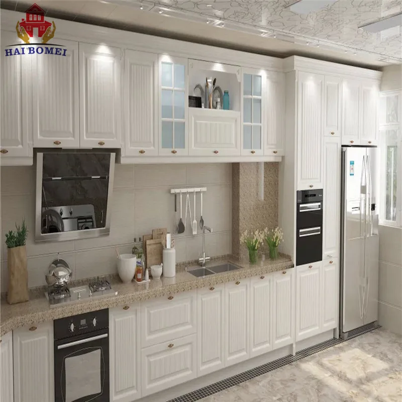 
China Bomei Factory Shaker Style PVC Freestanding L Shaped Modular Pantry Kitchen Cabinet 