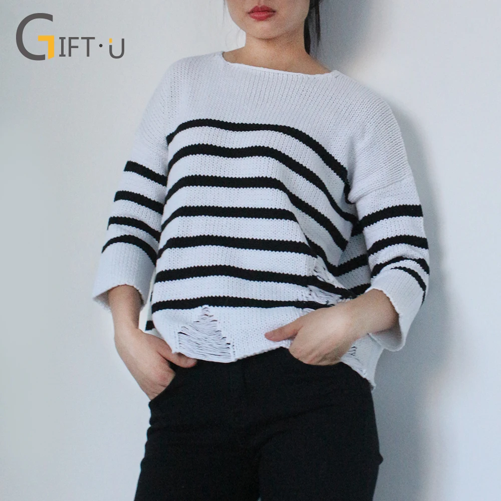 
Giftu 86019# 2018 Women Pullovers Knitted Striped Sweaters Tops Loose Casual Jumper 