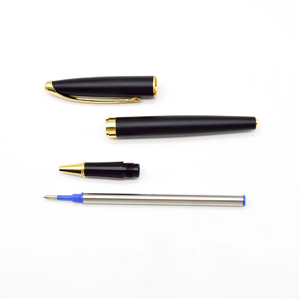 Matte black metal rollerball pen Neutral refill pen with gold clip