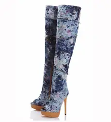 2021 women  denim open toe knee boot stiletto  women platform high heel knee boots shoes for ladies