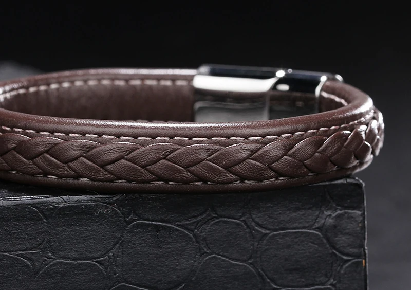 Popular Unisex Brown Leather Bracelet Stitched Plaited Bangle Cuff Jewelry