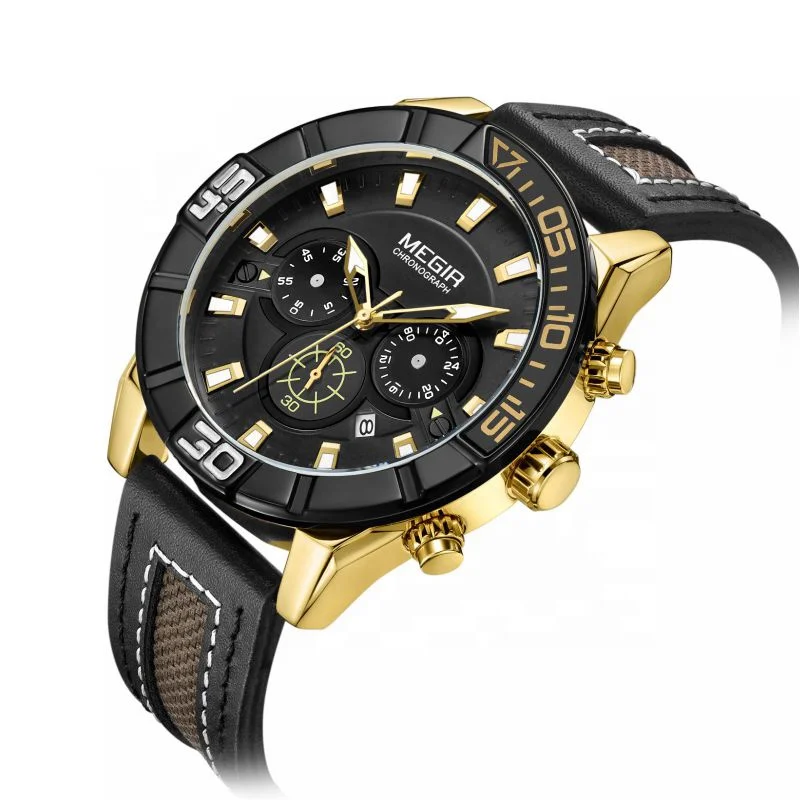 
Black top ring gold watch for men leather chronograph megir brand quartz watch 