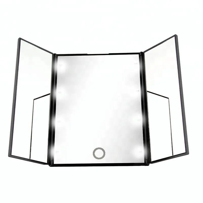 Fashionable Superior Foldable Tri-sided 8 LED Lighted Makeup Mirror Vanity Tabletop Mirror Black Square Shape for Women