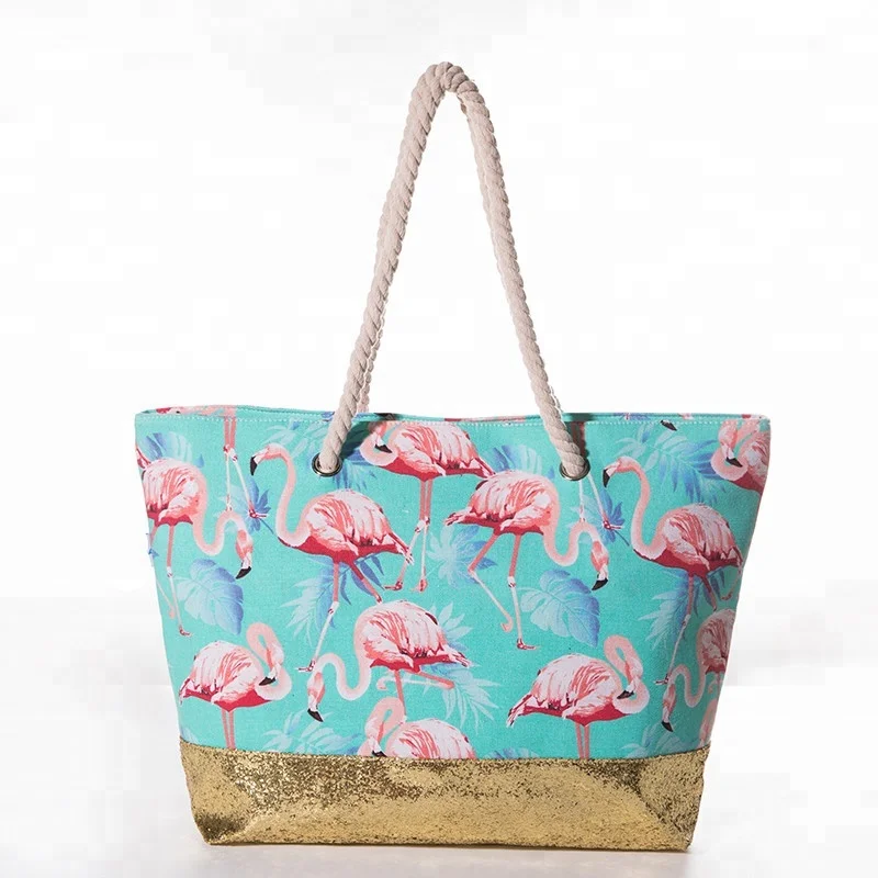Women Rope Handle Canvas Beach Bag Flamingo