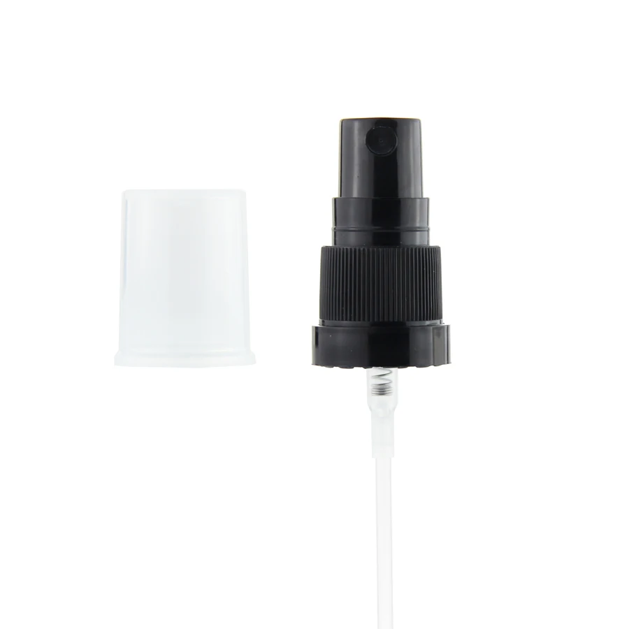 Free samples in stock for glass bottles 18mm neck with tamper evident ring black plastic spray pump