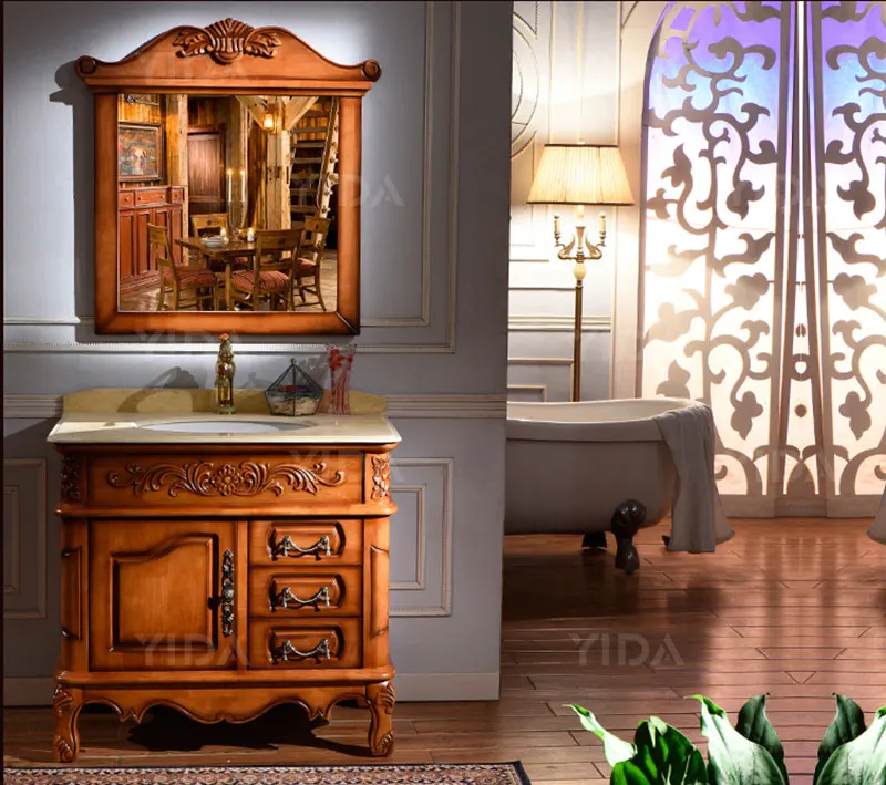 Foshan factory waterproof wood antique bathroom cabinet solid wood classic bathroom vanity cabinet