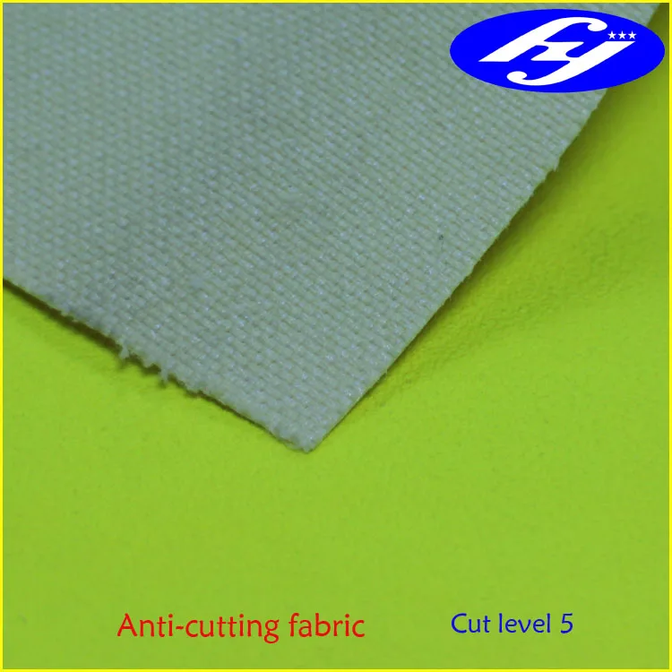 EN 388 cut level 5 plain weaving Kevlar fiber cloth with yellow color fluorescent PU coating