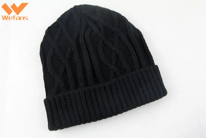 
Wefans Winter Solid Color Custom Embroidered Logo Merino Wool plus velvet twist reverse knit wool Beanie Hat 
