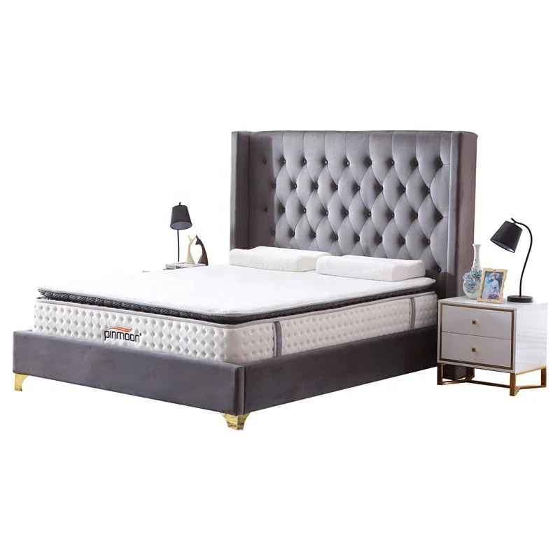 Foshan furniture velvet face tufted headboard king size hotel bedroom bed