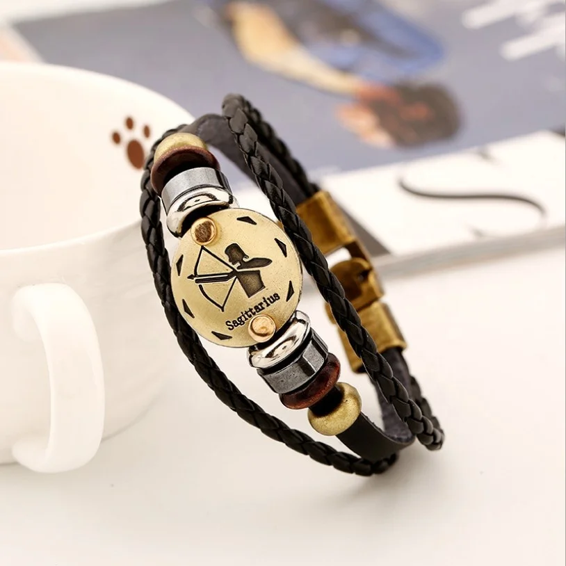 High quality 2 layer genuine leather PU weaving alloy buckle jewelry bracelet