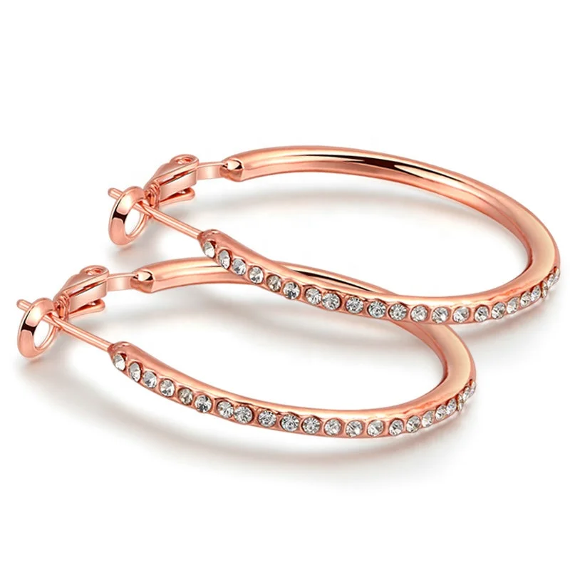 Classic Big Round Crystal Rose Gold Color Hoop Earrings for women Girl Fashion Jewelry Wholesale Top Quality E307