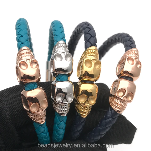 
Best selling products 2017 in USA of engravable bracelets northskull braided cow leather North skull bracelets 