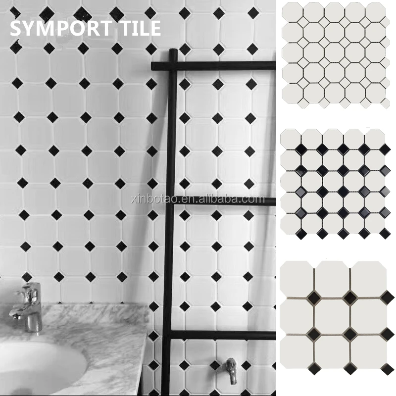 
Geometric black and white bathroom ceramic mosaic octagonal floor tile on sale 