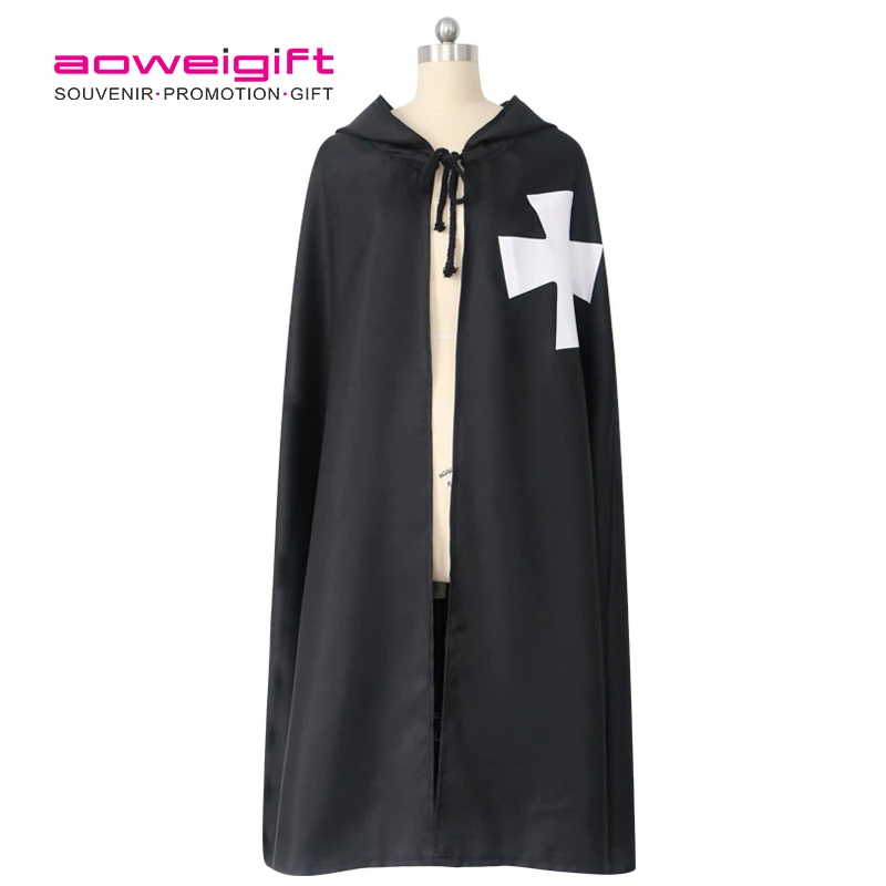 Promotion medieval Ester festival black European hooded printed cross cloak Halloween cosplay knight style long rope for kids