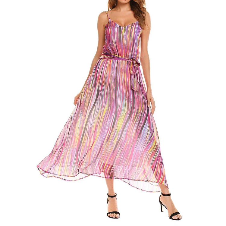 Женская обувь по последней моде; Переключения стиль фиолетовый в полоску с поясом без рукавов шифоновое Пляжное Платье Макси