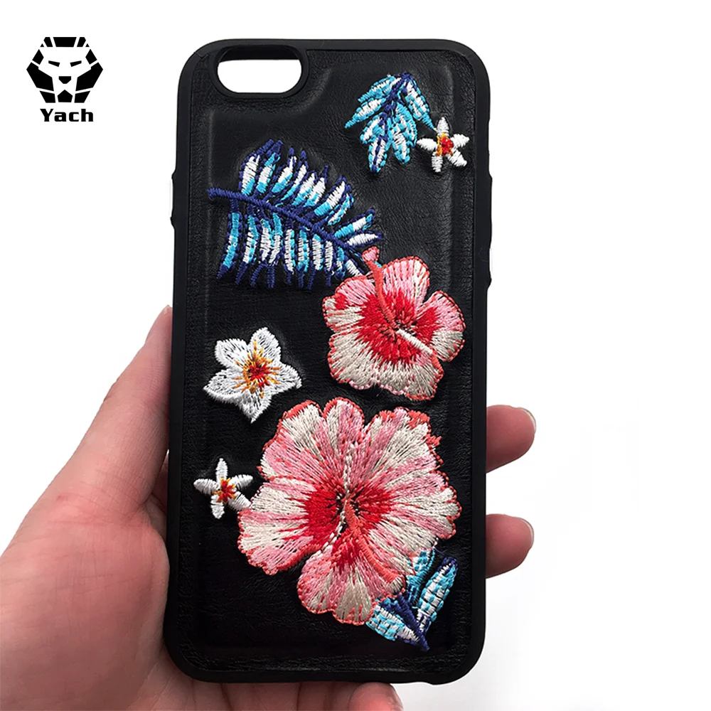 
China supplier oem customized colorful unique embroidered pink black import leather mobile accessories phone case cover 