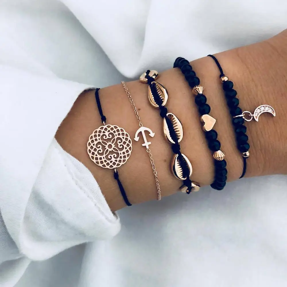 Anchor Flower Black Bead Moon Gold Shell Bracelet Fashion Bracelet Set 5pcs(EJ1293)