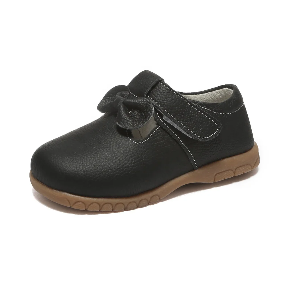 SandQ plain black  Genuine little  T-bar girls dress shoes with bow