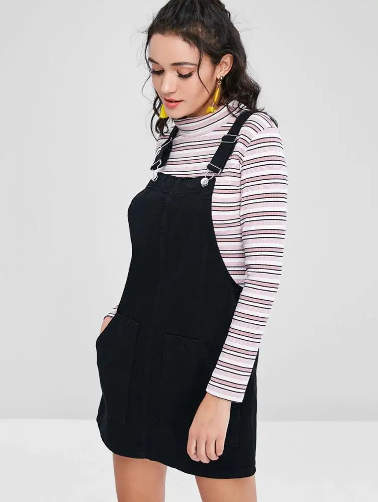 2019 Fashion pockets pinafore dungaree black denim sleeveless dress women