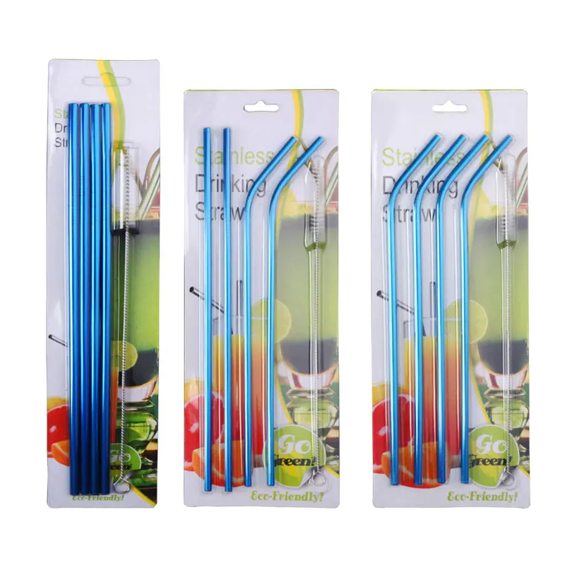 Eco-friendly reusable metal drinking straw stainless steel straw set with brush in blister card packing/215*6mm(20oz)