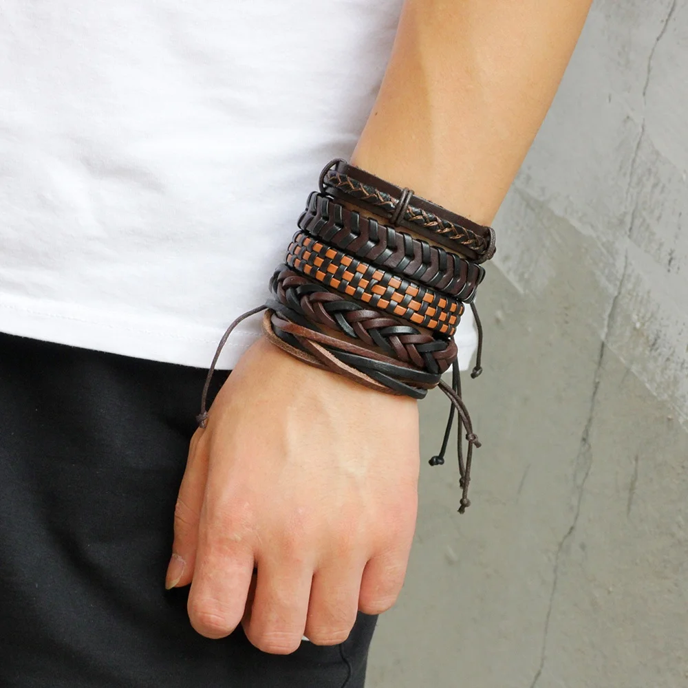 Vintage Stretch Wax Rope Braided Adjustable Mens 5 PCS Set Multilayer  Leather Bracelets & Bangles