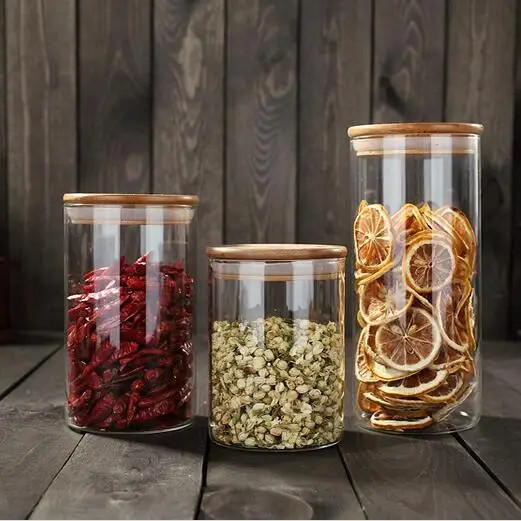 
Cheap food container glass storage jars with wooden lids for sale 