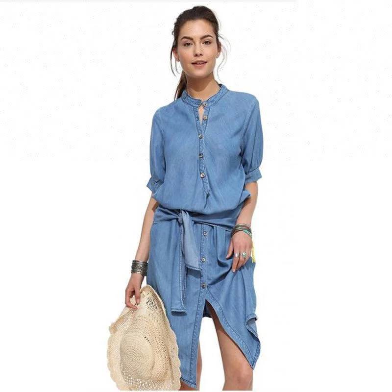 
Ebay Amazon Hot Sales Fashion Ladies Stand Collar Single-Breasted Irregularity Lace Up Denim Dress 