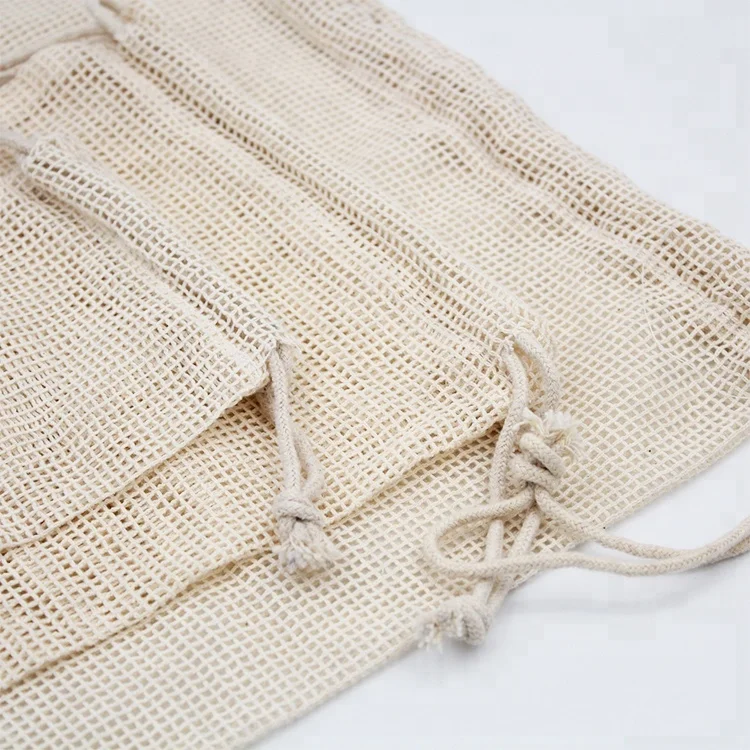 Eco-friendly custom Reusable Simple 100% Organic Cotton Mesh fruit vegetable Produce Bag with packaging boxes