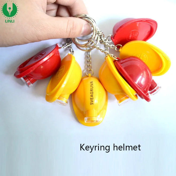 Giveaways Custom Logo Mini Plastic Light Up Led Helmet Keychain, Safety LED Flashlight Hat Keyring