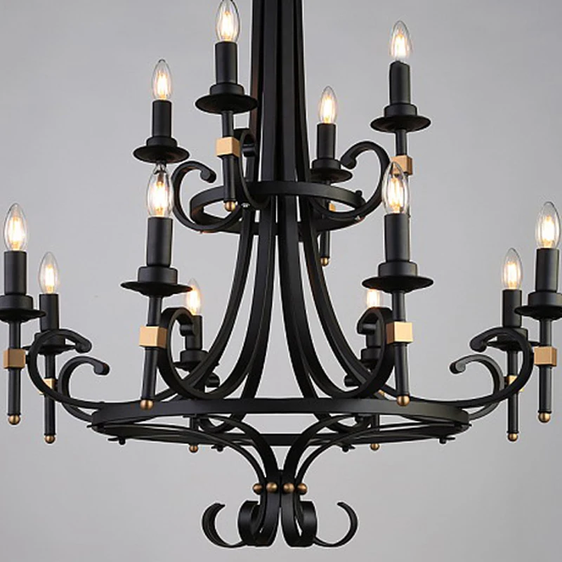 Antique castle European classical style pure black creative iron 12 lamp holder chandelier